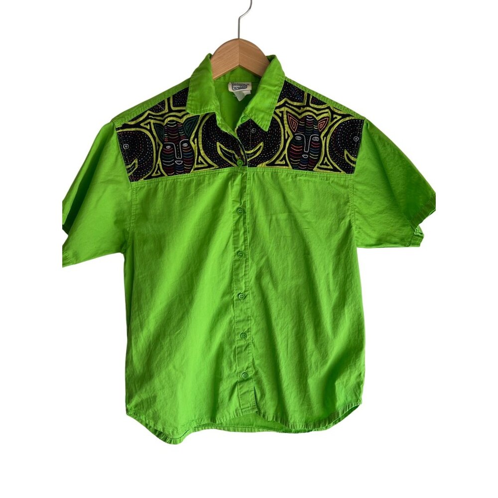 Funky green embroidered vintage Panama shirt size S Small